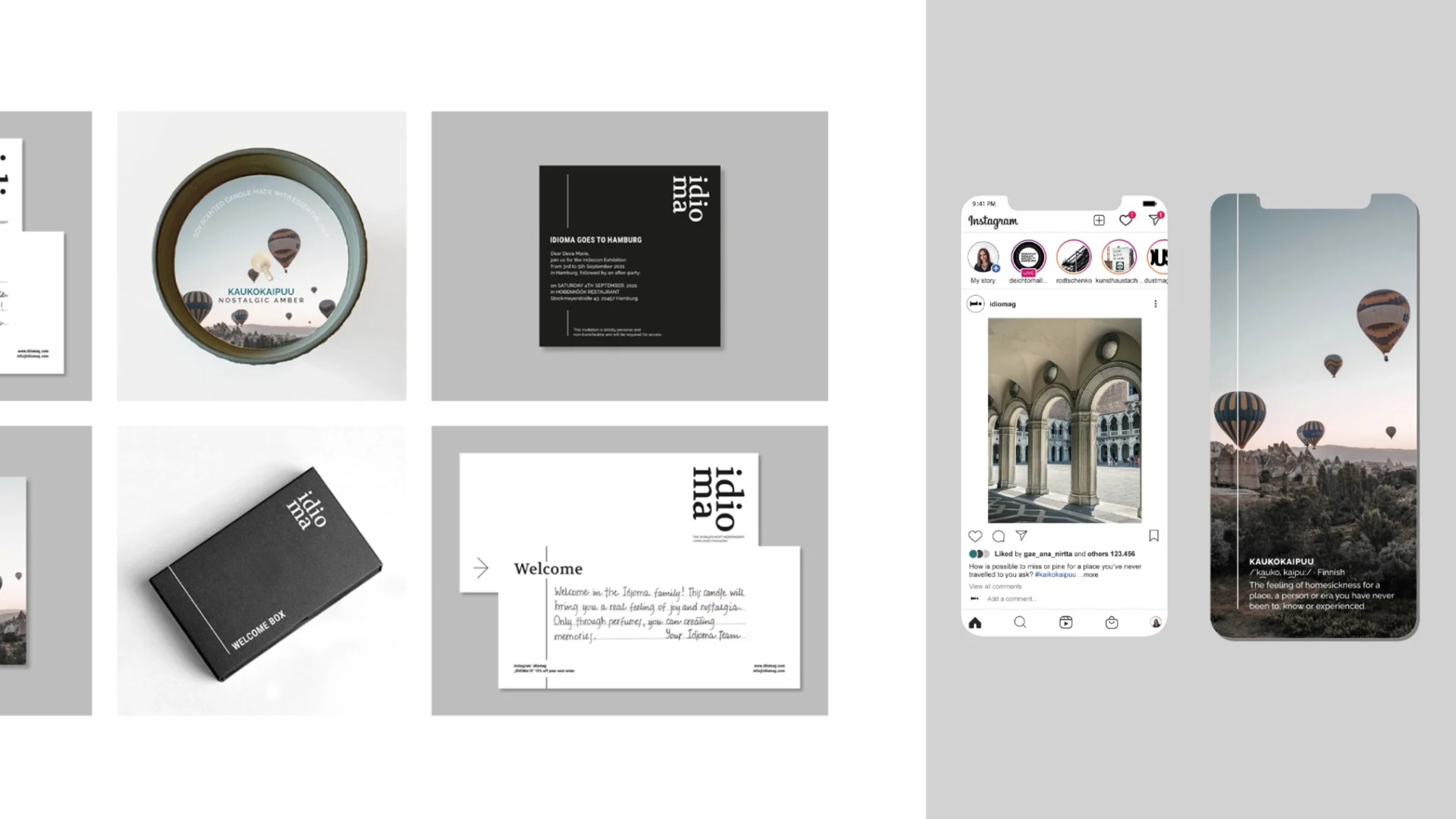 Minimal brand design for Idioma, featuring hot air balloons, welcome cards, and Instagram story mockups with a nostalgic travel theme.