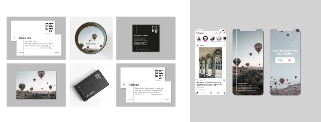 Minimal brand design for Idioma, featuring hot air balloons, welcome cards, and Instagram story mockups with a nostalgic travel theme.