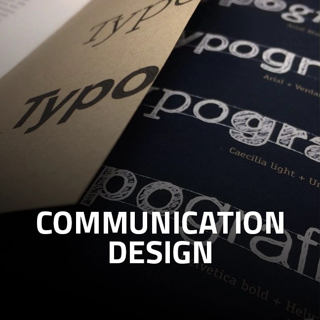 Close-up of typography samples on dark and light paper, illustrating the principles of Communication Design.