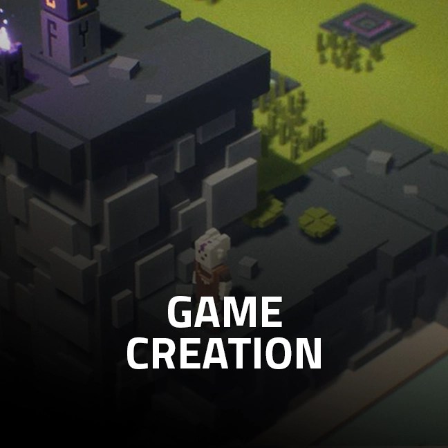 Voxel-style 3D game scene with a character standing on a cliff, representing the Game Creation field.