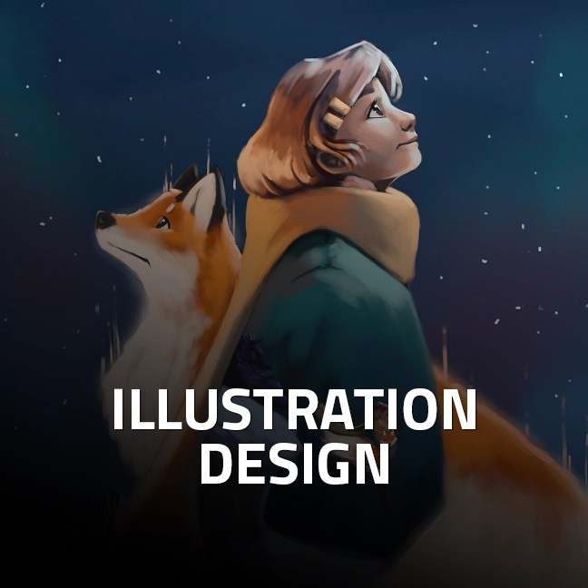 Digital painting of a young girl in a winter coat with a fox companion, gazing into the distance, symbolising Illustration Design.