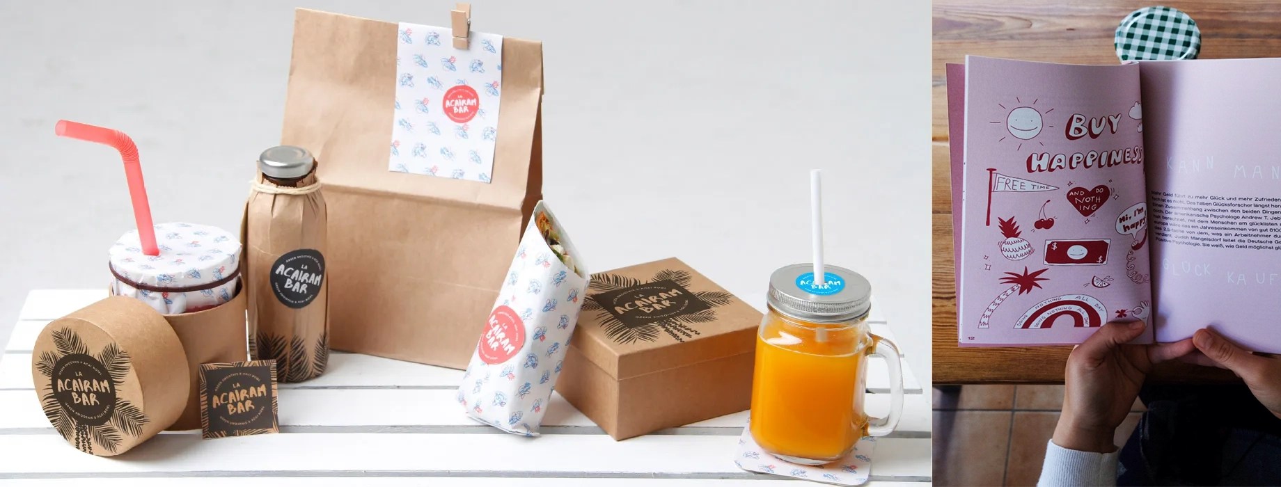 Branded food packaging for 'La AcaiRam Bar' with tropical design, next to an illustrated booklet saying 'Buy Happiness'